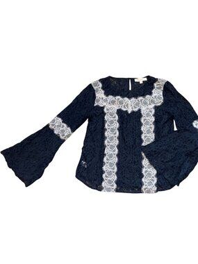 Loft Womens Lace Blouse With Bell Sleeves-Navy Blue-Size Small-GUC